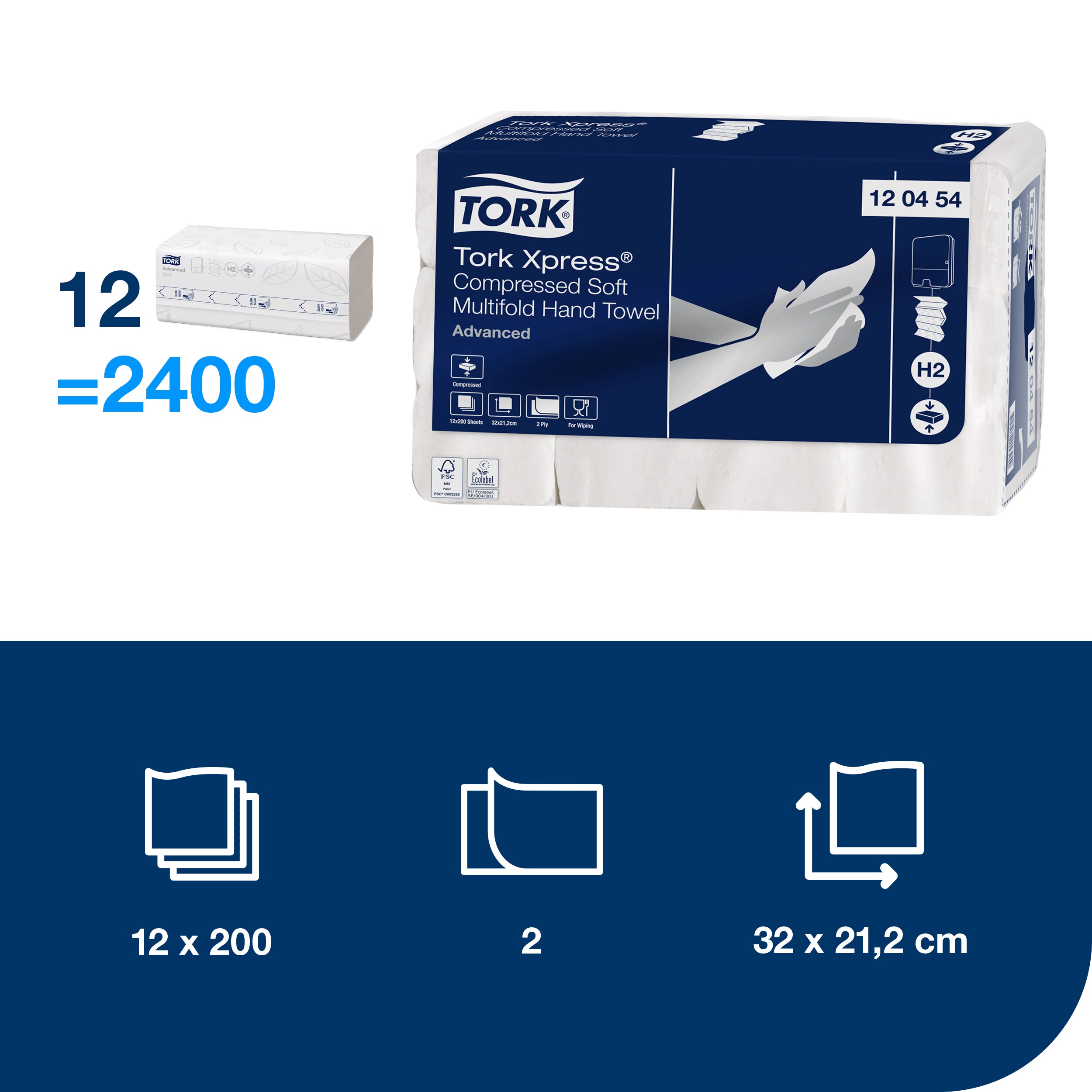 Papierové uteráky Advanced, 2vrstvové jemné, H2, 200 útržkov, 21,2 x 32 cm