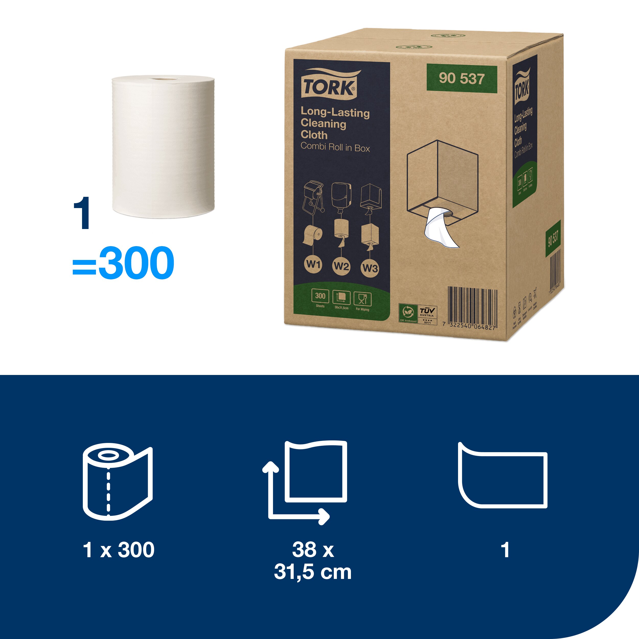 Čistiace utierky z netkanej textílie Tork Long-Lasting 1-vrstvové, 25 cm, 114 m, 300 útržkov, biele