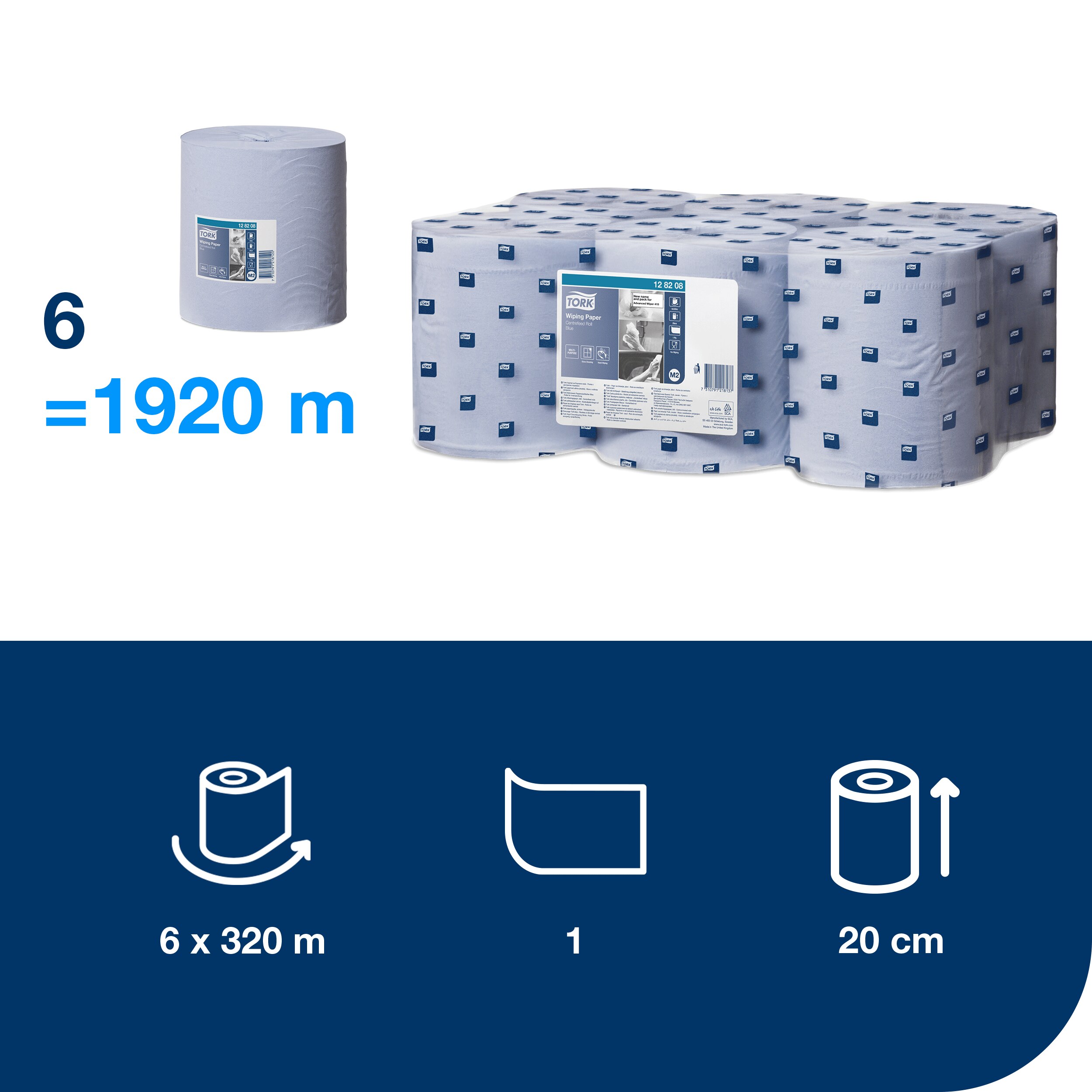 Papierová utierka v rolke, 1vrstvová, modrá, M2, 19 cm / 320 m