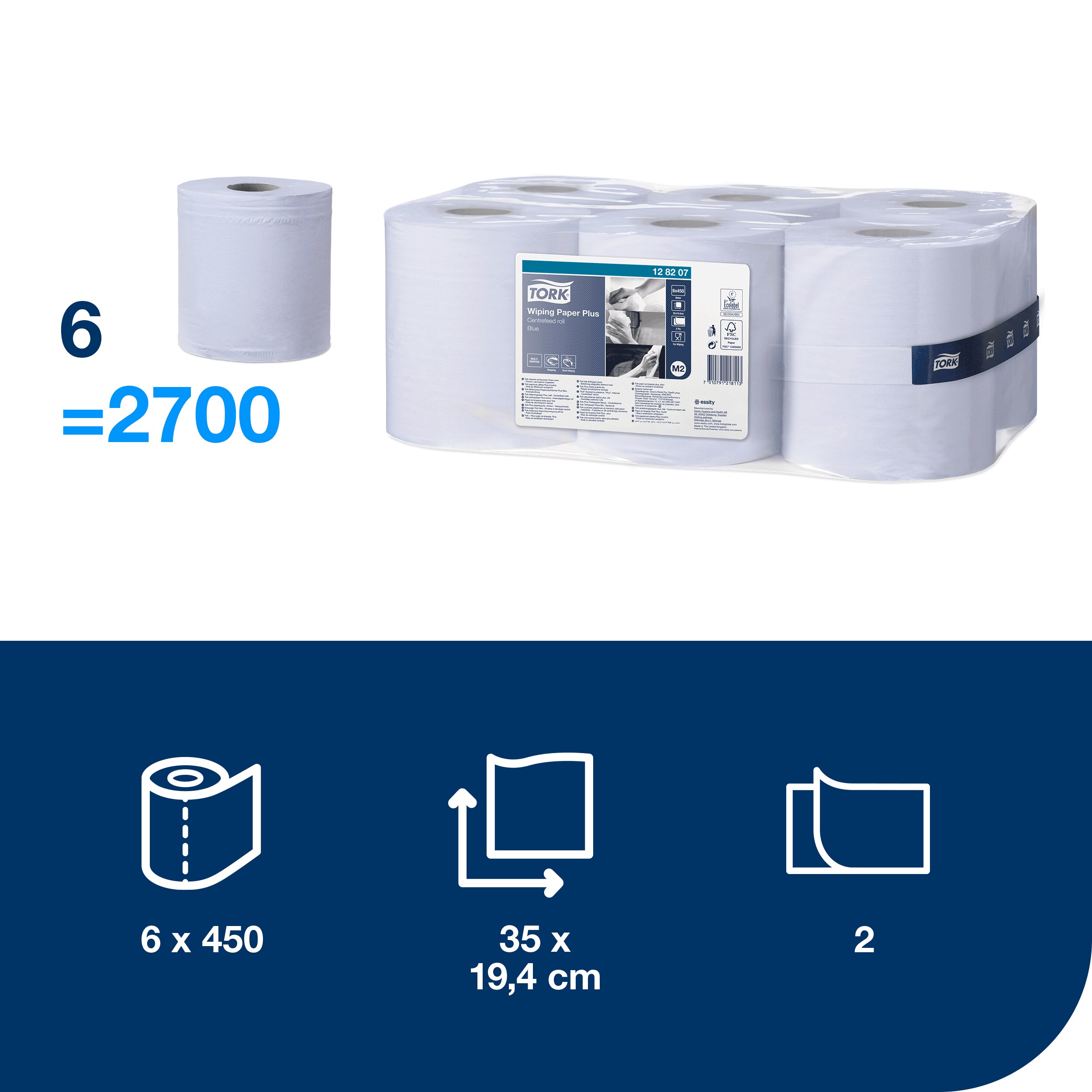 Papierová rolka Wiper Plus 2vrstvová, M2, modrá, 19 cm / 157,5 m, 450 útržkov