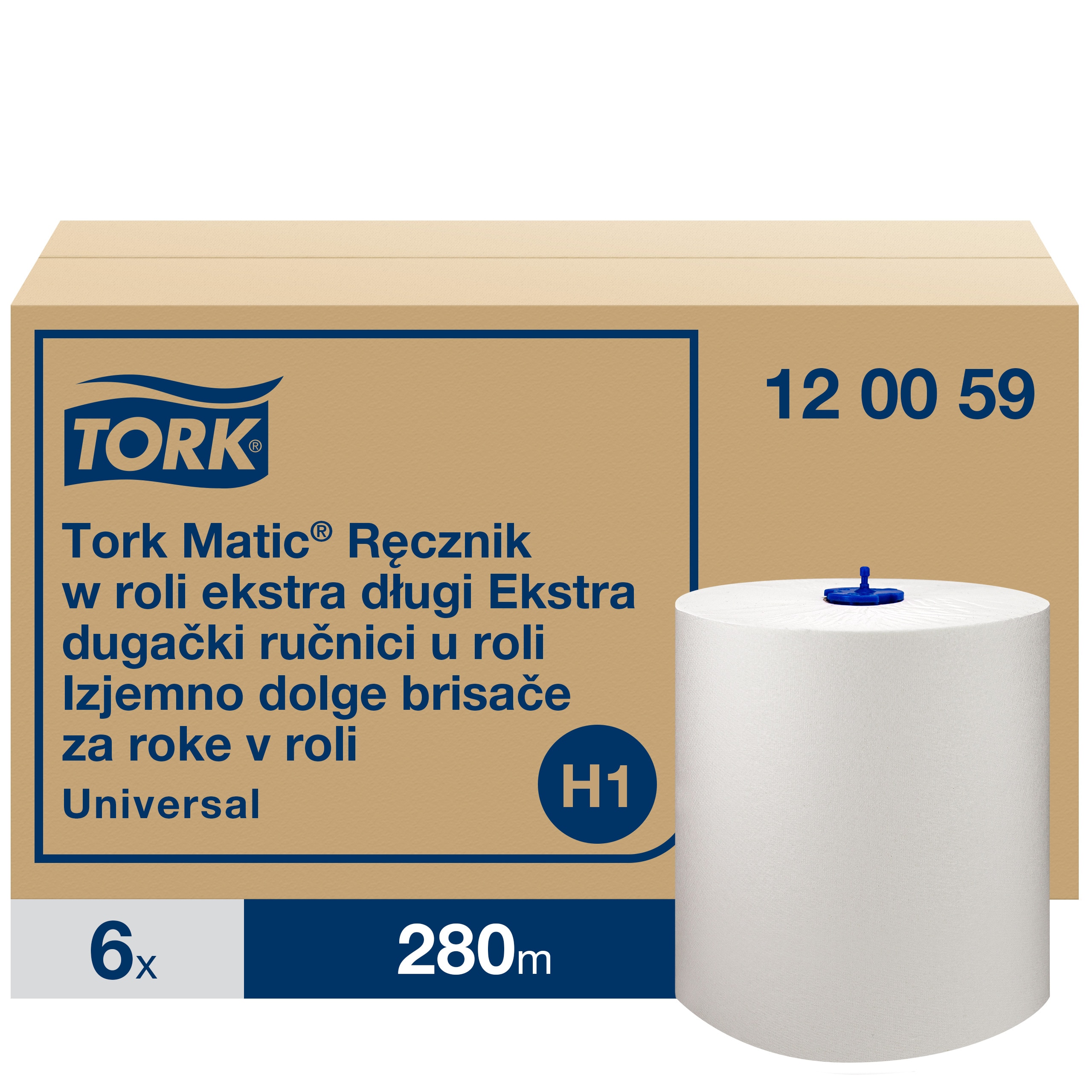 Papierové uteráky Tork Matic – extra dlhá rolka Universal, 1vr., H1, 21 cm / 280 m, 1120 útržkov, biele