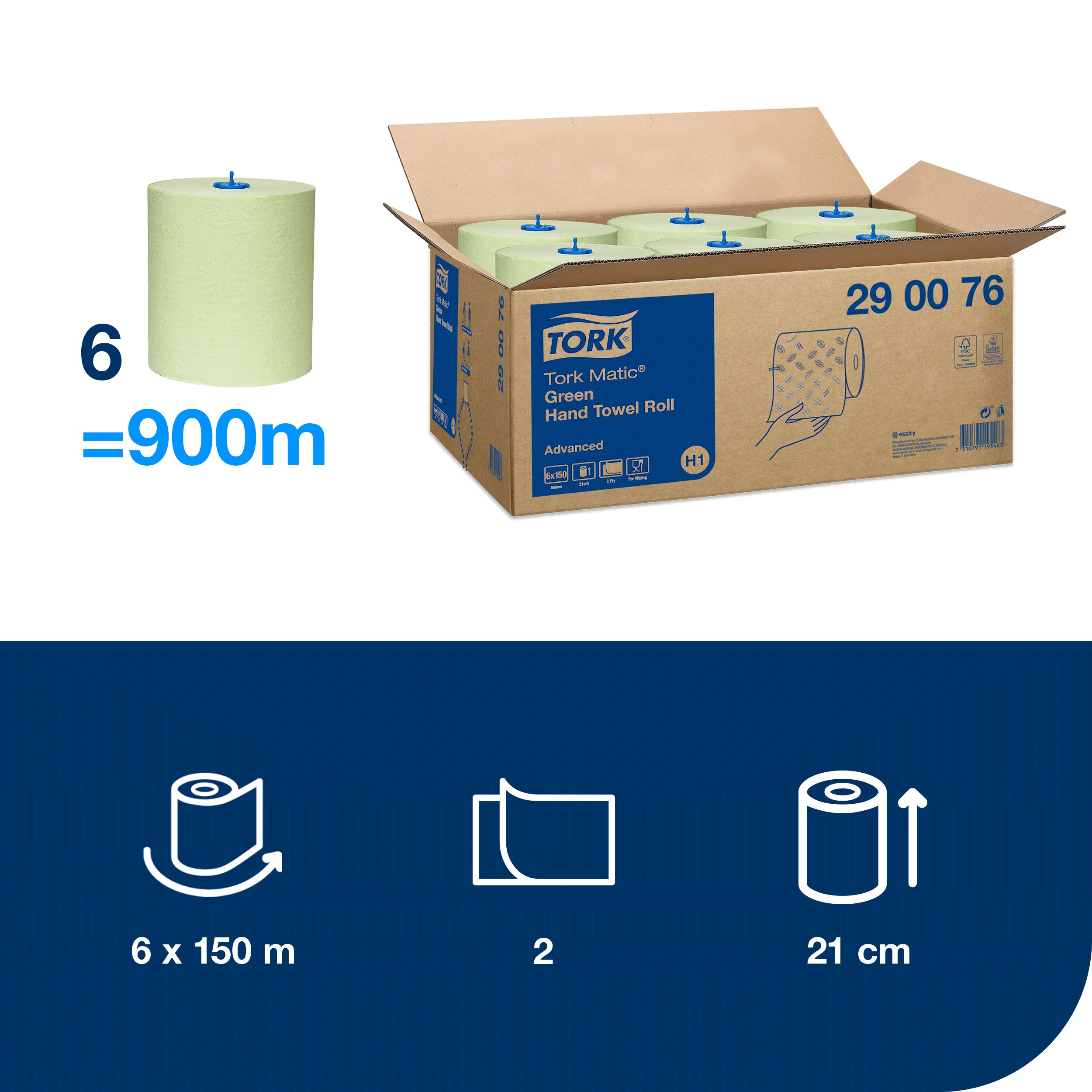 Papierové uteráky Tork Matic Advancedv rolke, 2vr., H1, 19 cm / 150 m, 600 útržkov, zelené