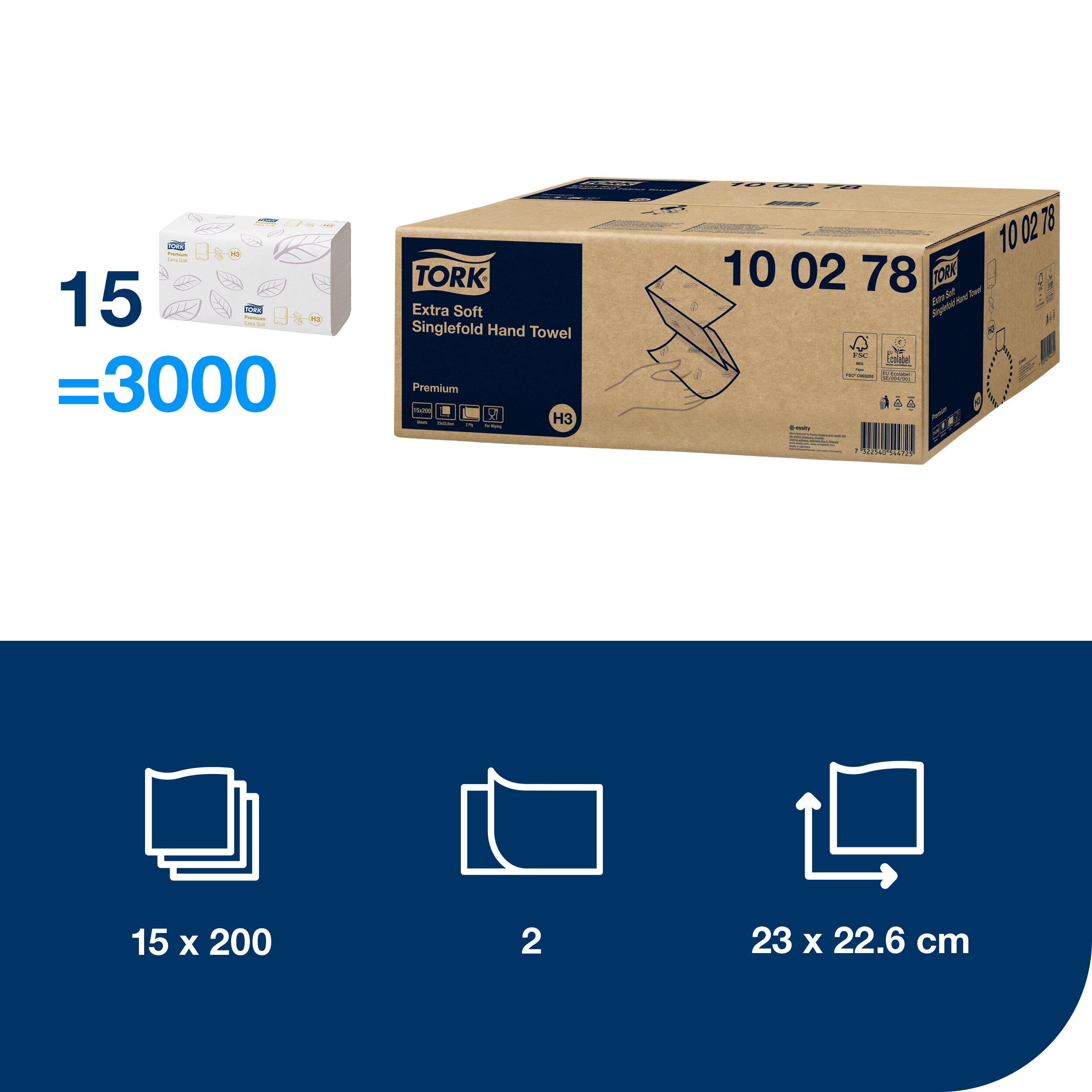 Papierové uteráky Singlefold extra jemné Premium 2-vr., H3, 22,6 x 23 cm, 200 útr., biele