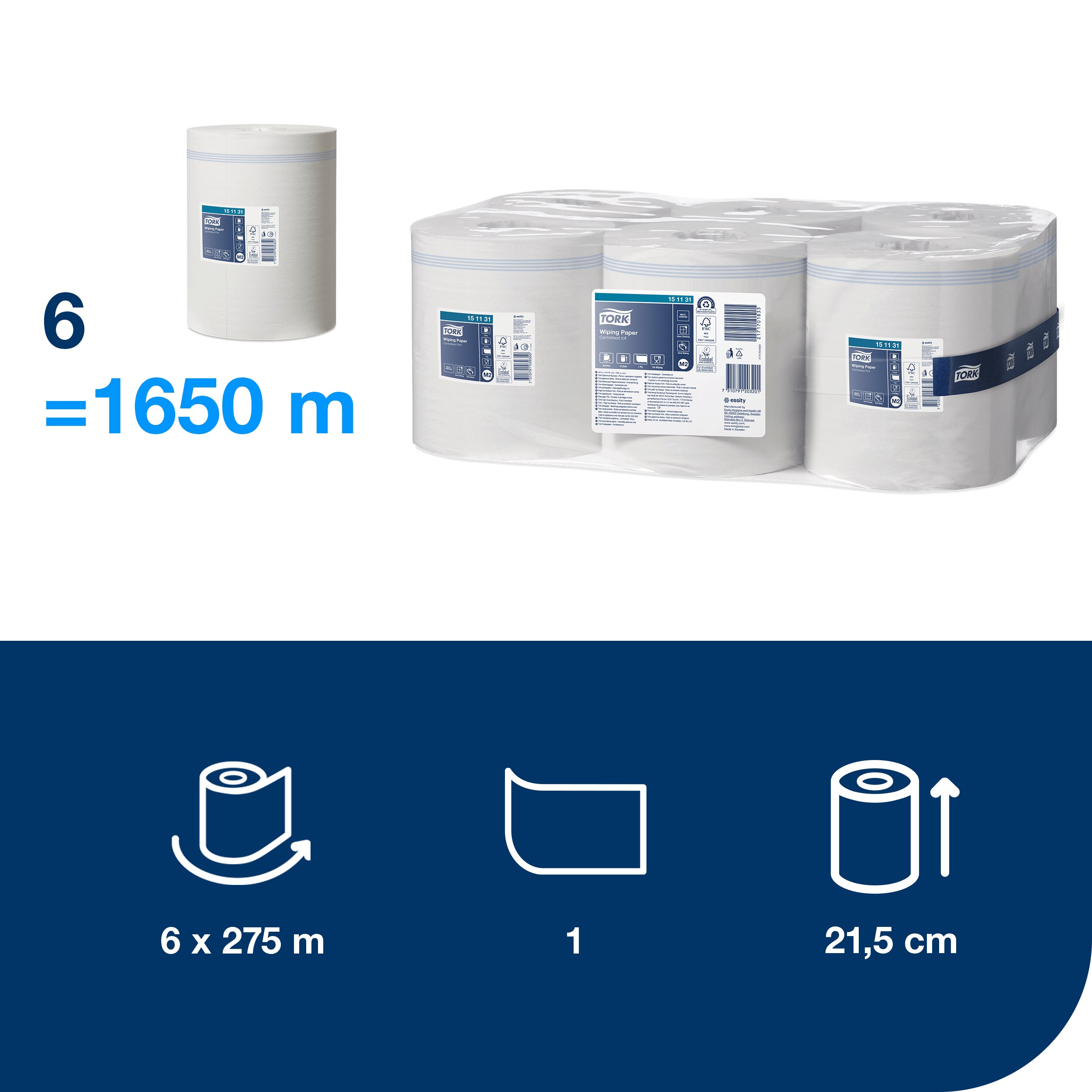 Tork papierová utierka v rolke so stredovým odvíjaním 1-vr., 19 cm / 275 m, M2, biela