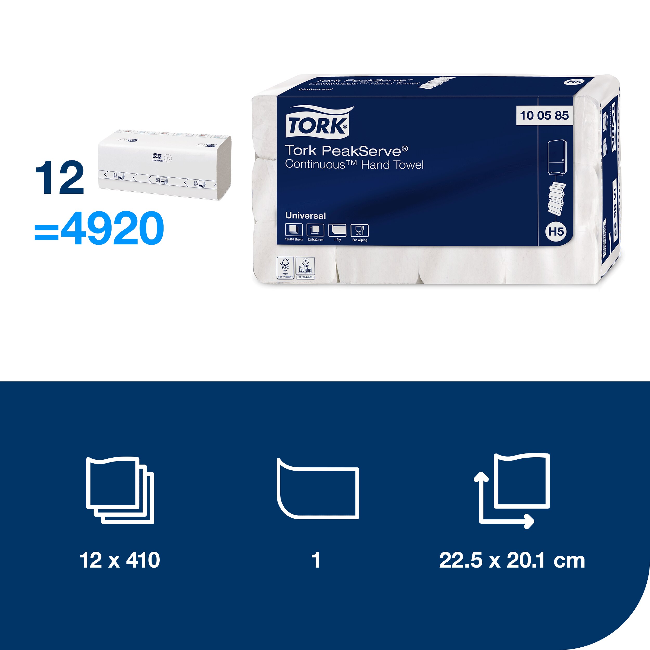 Papierové uteráky PeakServe, 1-vr., H5, 20,1 x 22,5 cm, 12 x 410 ks = 4.920 ks útr., biele
