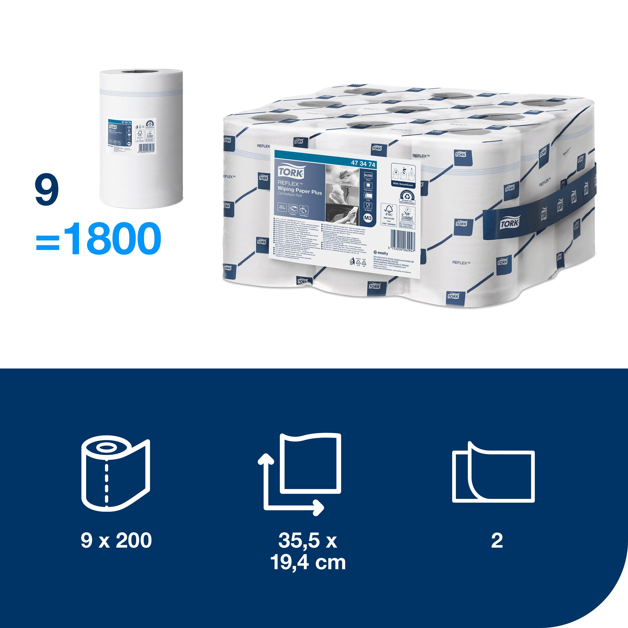 Papierové utierky so stredovým odvíjaním Reflex MINI 2 vrstvové, 35 x 21 cm / 70 m, M3