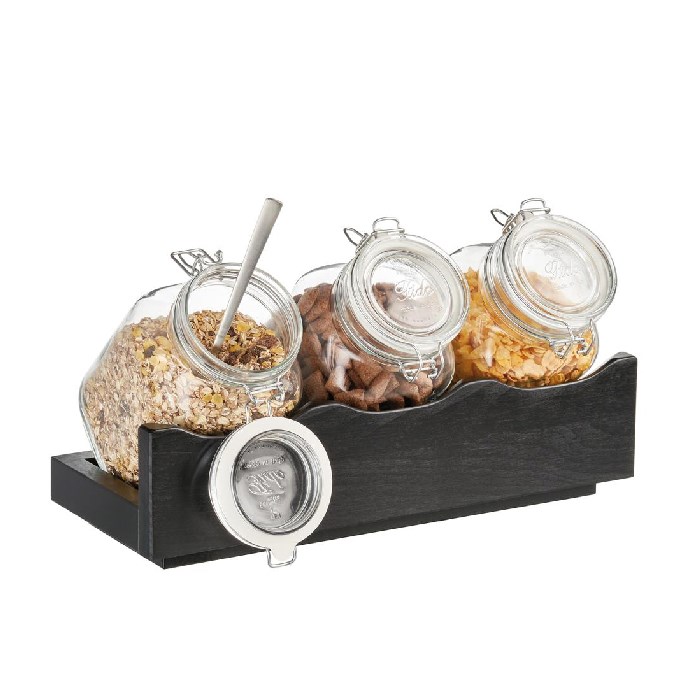 GOOD MORNING muesli container, dark wood, including glasses