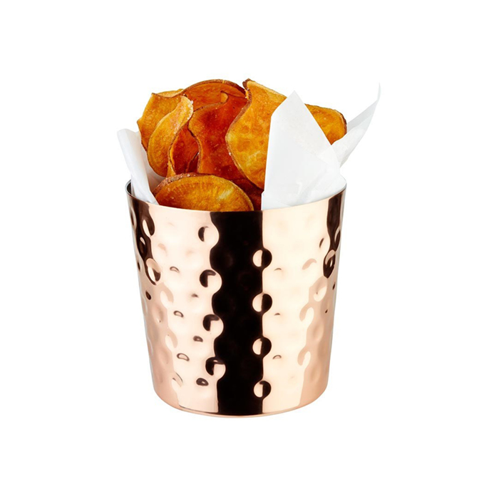 kelímok servírovací nerez s reliéfom, zvonku medený