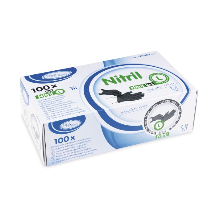 Nitrilové rukavice veľkosť L, 100 ks čierne, nepudrované.