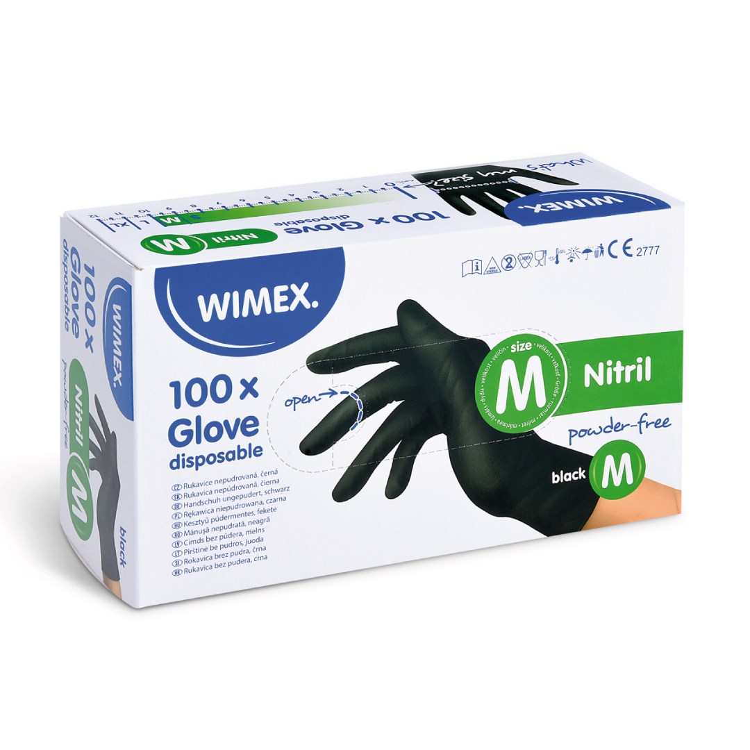 Nitrilové rukavice veľkosť M, 100 ks čierne, nepudrované.