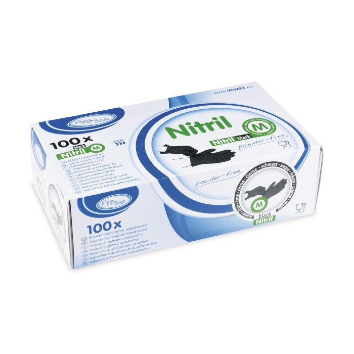Nitrilové rukavice veľkosť M, 100 ks čierne, nepudrované.