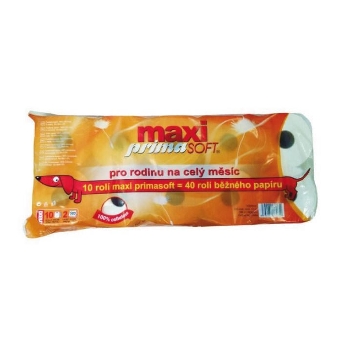 Toaletný papier primaSOFT MAXI, 2vrstvový biely, šírka 9,4 cm, návin 60 m, 500 útržkov /10 ks