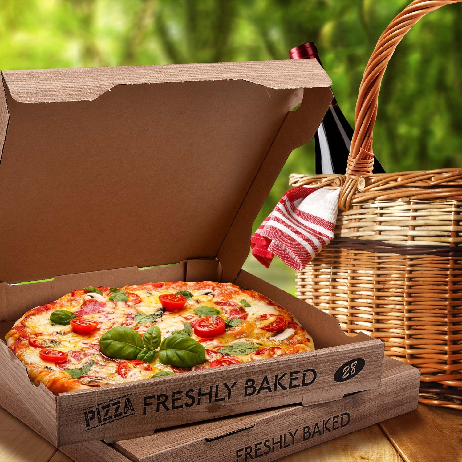 Škatuľa na pizzu, 33 x 33 x 4 cm, kraft s potlačou / vlnitá lepenka, 100 ks