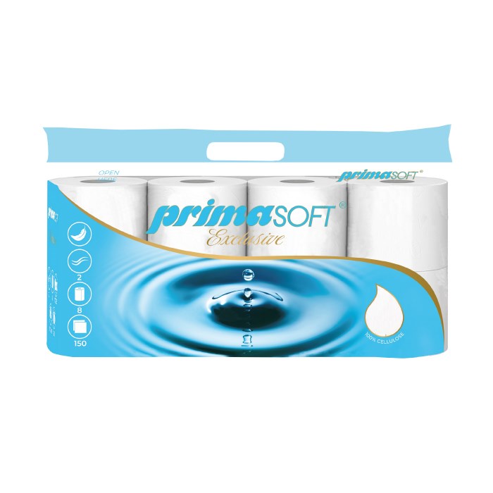 Toaletný papier PRIMA SOFT EXCLUSIVE, 2vrstvový 150 útržkov, šírka 9 cm, návin 17,55 m, 8 ks