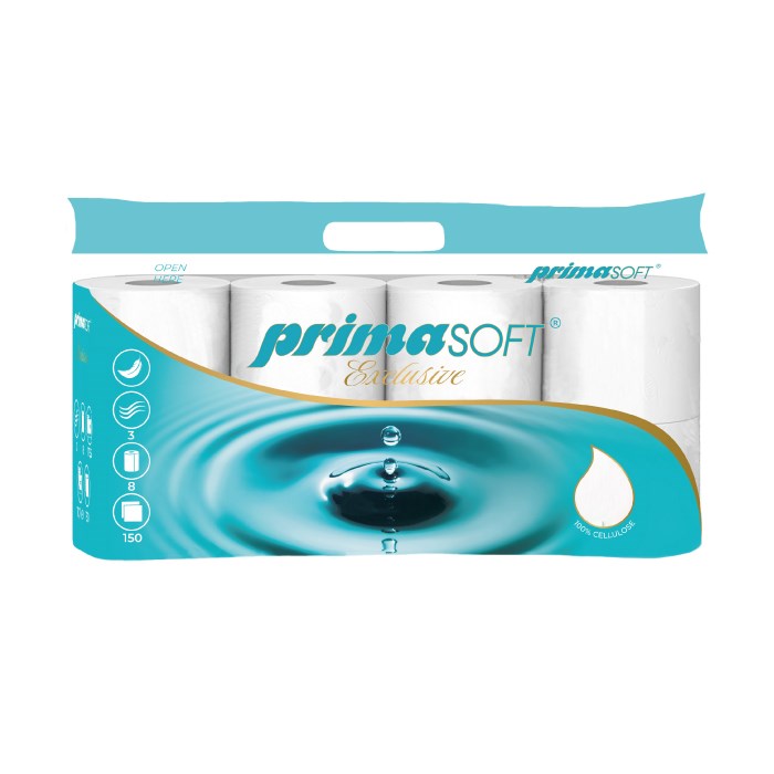 Toaletný papier PRIMA SOFT EXCLUSIVE, 3vrstvový 150 útržkov, šírka 9 cm, návin 17,55 m, 8 ks