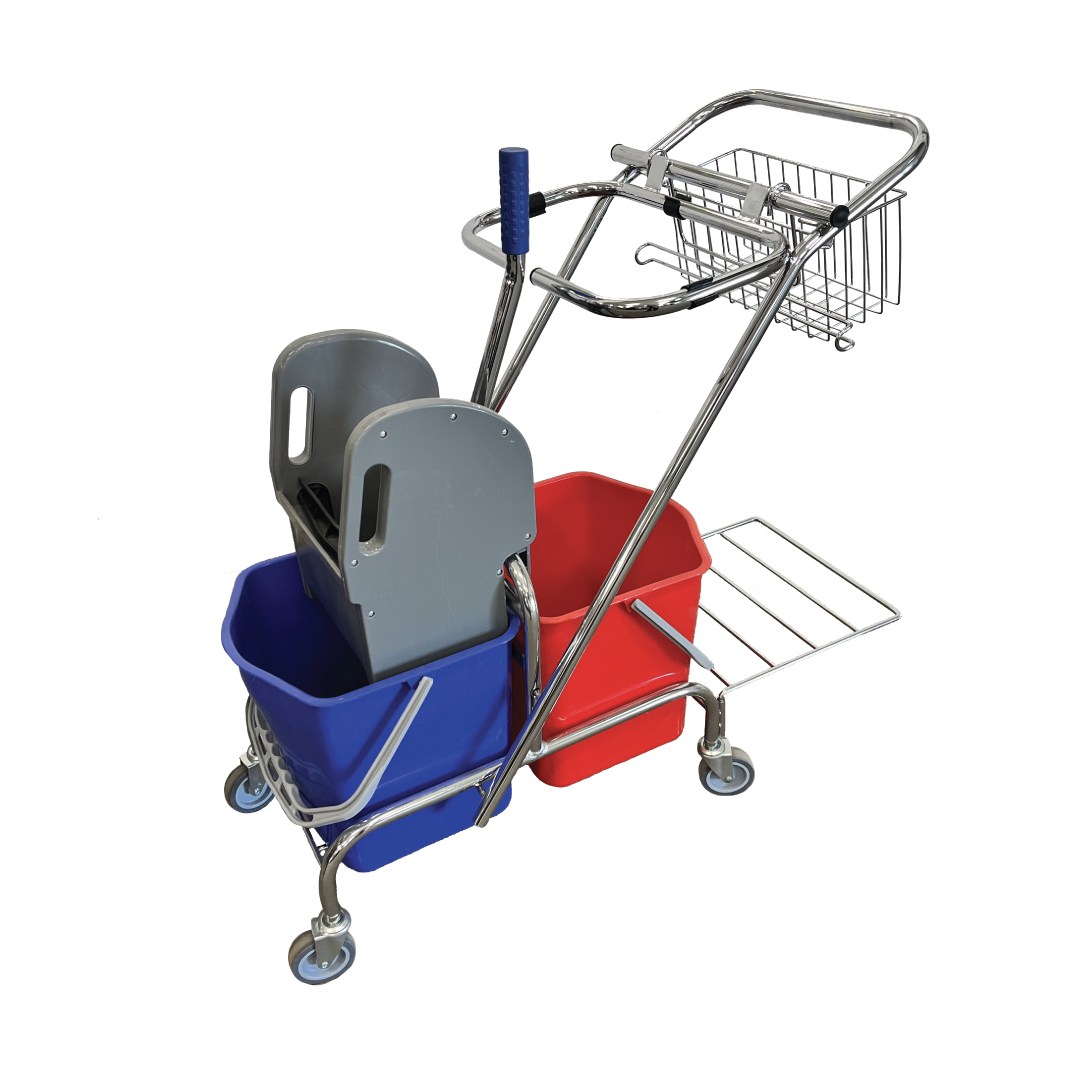 Upratovací vozík 2 x vedro 17 l so žmýkačom, držiak na vrece, košík, chróm