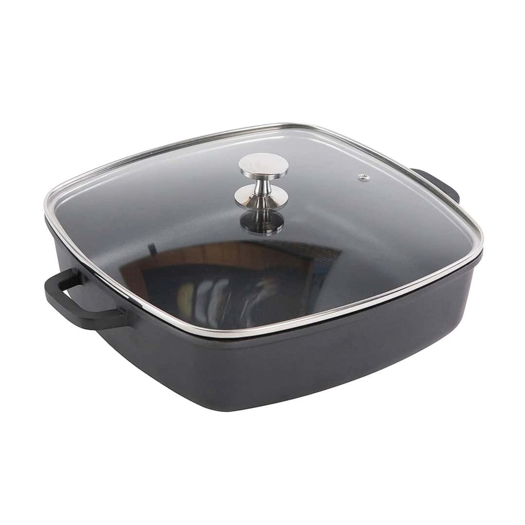 Panvica hranatá so sklenenou pokrievkou AluChef 28 cm x 28 cm / čierna