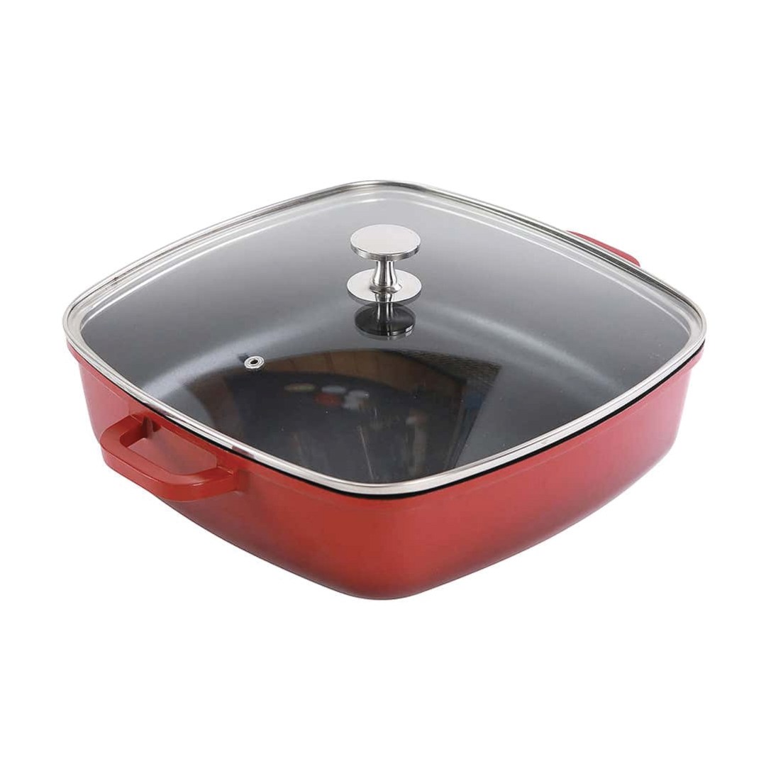 panvica hranatá so sklenenou pokrievkou AluChef 28 cm x 28 cm / červená