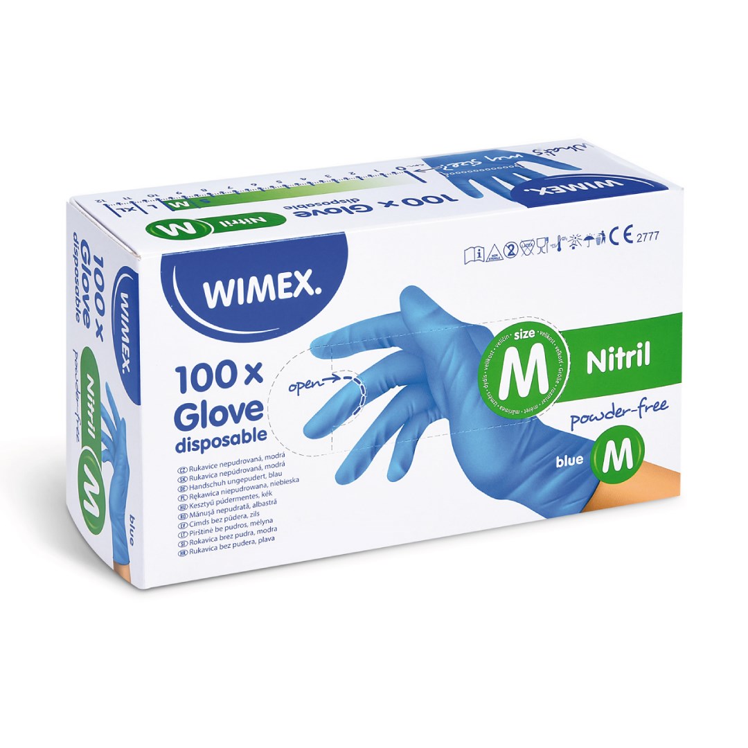 Nitrilové rukavice veľkosť M, 100 ks modrej, nepudrované.