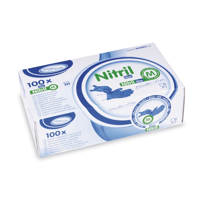 Nitrilové rukavice veľkosť M, 100 ks modrej, nepudrované.