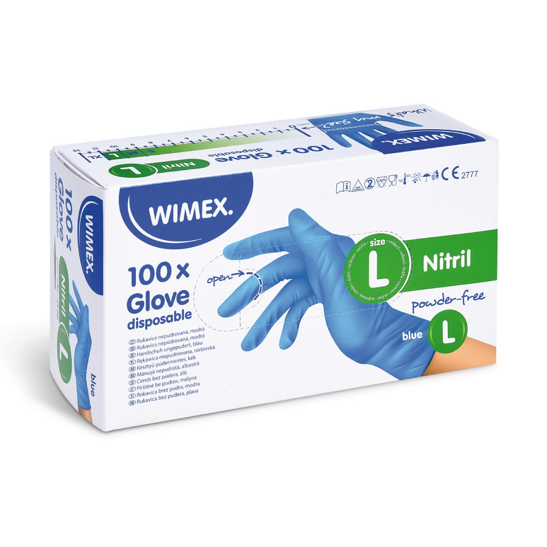 Nitrilové rukavice veľkosť L, 100 ks, modré, nepudrované.