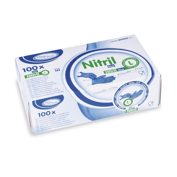Nitrilové rukavice veľkosť L, 100 ks, modré, nepudrované.