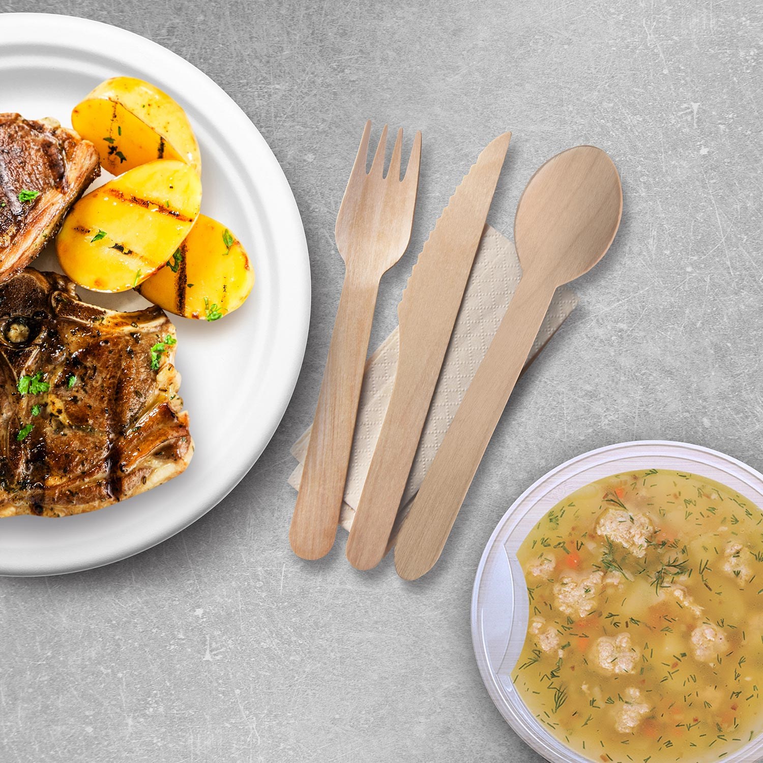 sada drevených príborov (nôž, vidlička, obrúsok), 60ks